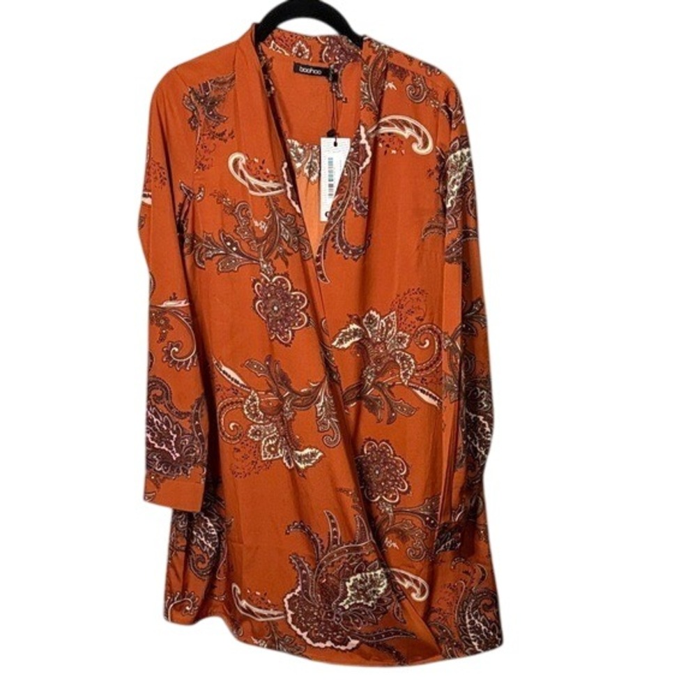Boohoo Orange Paisley‎ Print Wrap Dress Long Sleeve Casual Party